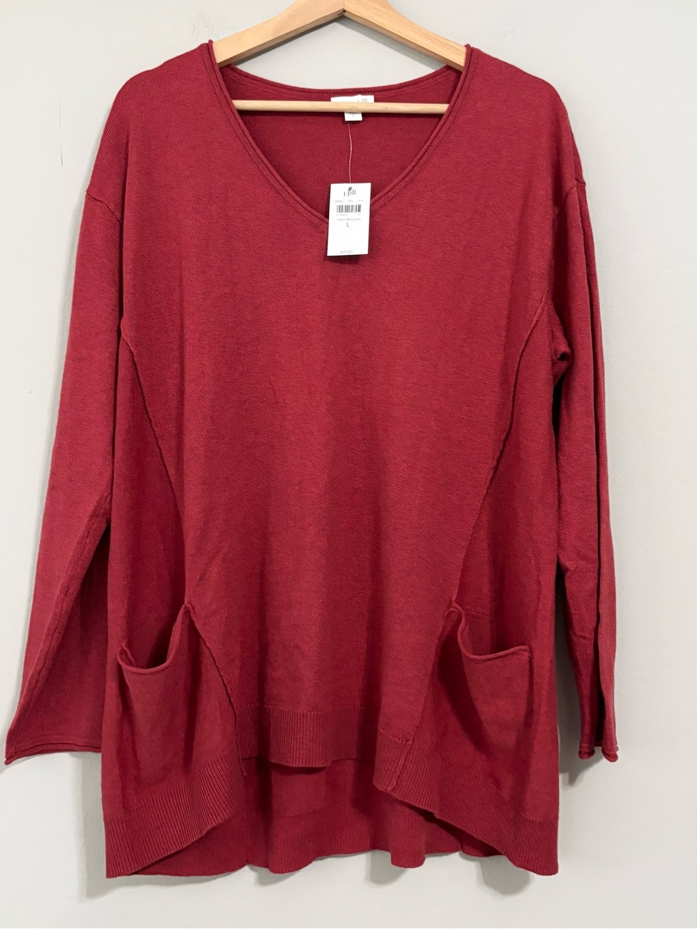 New J Jill Cotton Blend Red Long Sleeve Pocket Tunic Top
